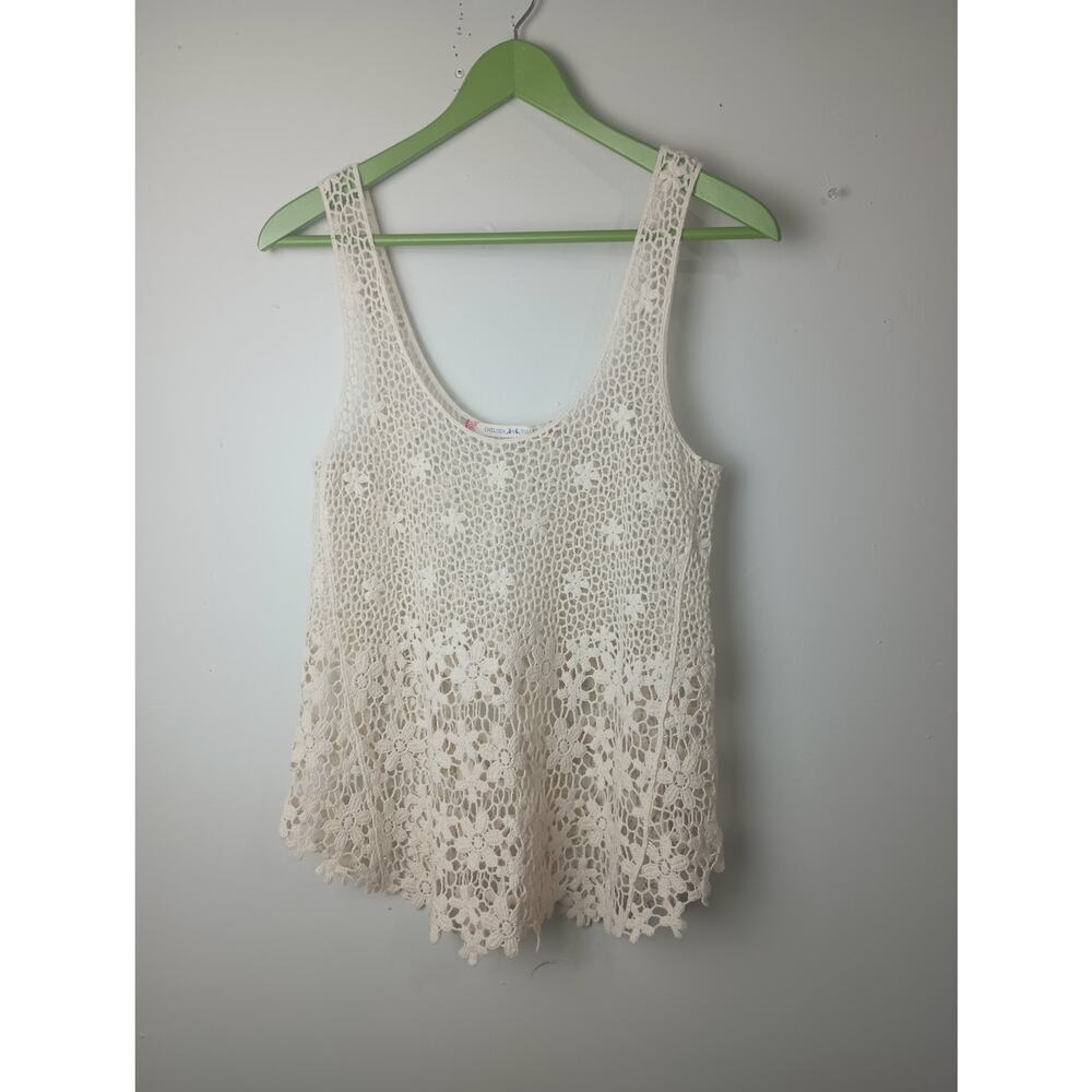 Chelsea & Violet Cream Knit Crochet Floral Tank Top Sheer Boho Festival Small